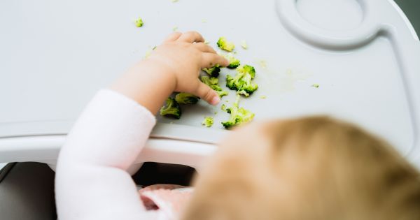 Baby eating broccoli