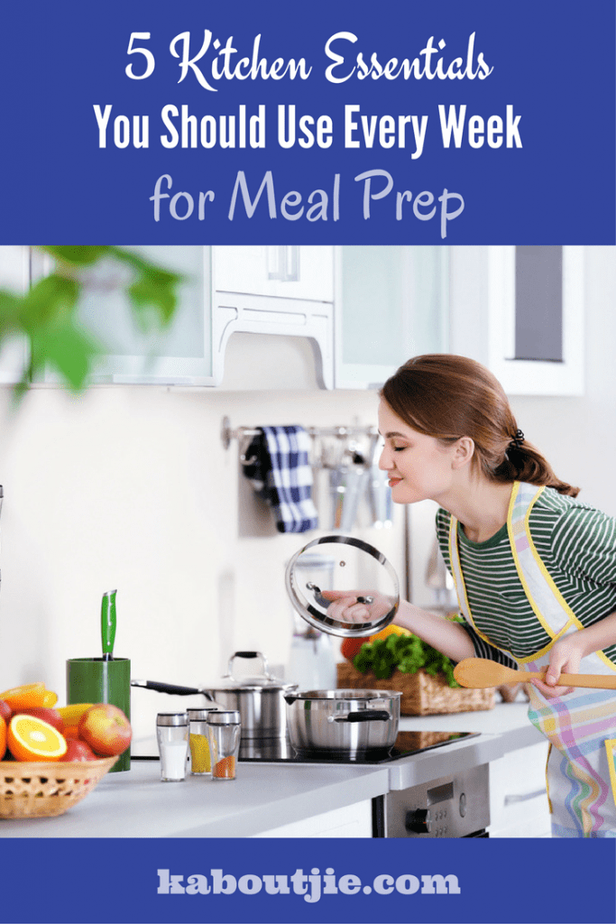 Kitchen essentials for meal prep pinterest image