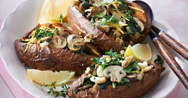 Stuffed Sweet Potatoes with Pesto Mushrooms