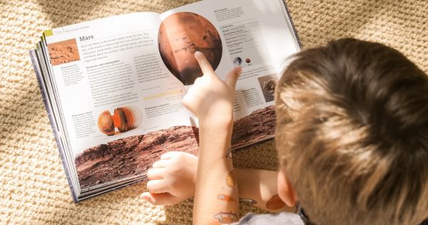 Child pointing at book