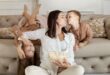 Mom and kids in living room